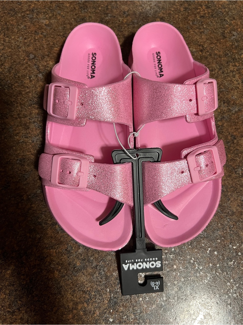 NEW Sonoma Pink Glitter Double Buckle Slide Sandals Kids XL (4-5) Pink Glitter